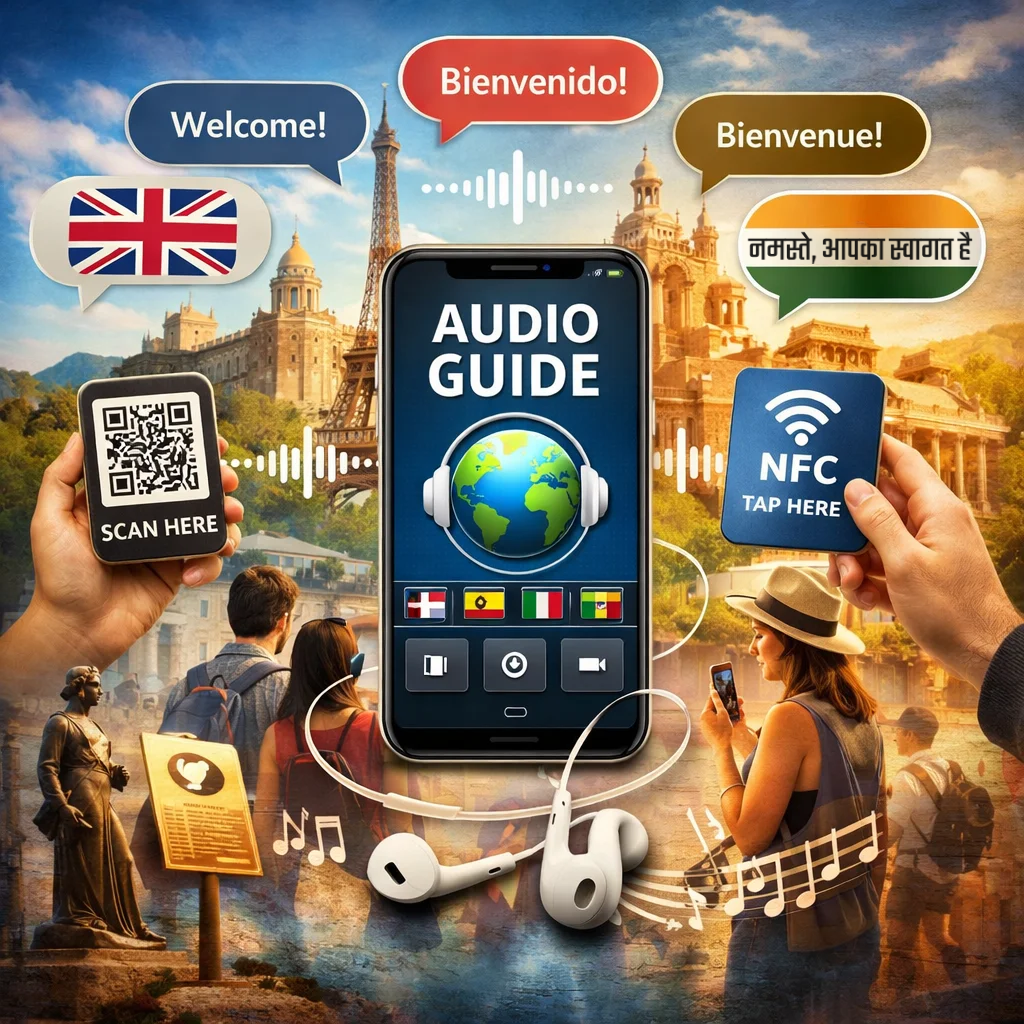 Illustration showing audio-guide.in applications across museums, tourism, education, and corporate events